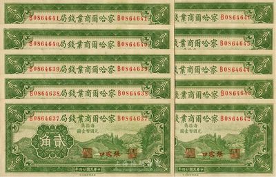 民国二十四年（1935年）察哈尔商业钱局贰角各共10枚，张家口地名，海外回流品，全新