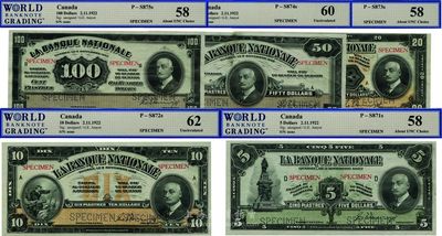 1922年加拿大国民银行5元、10元、20元、50元、100元样本券共5枚大全套，少见，九八至全新