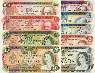 加拿大老版流通钞样本共9枚全套，详分：1973年1元、1974年2元、1972年5元、1971年10元、1969年10元、1975年50元、100元；1979年5元、20元；其票样号码均为“Specimen 526”，源于银行档案，罕见，全新