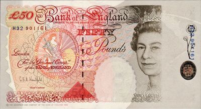 英国1994年50英镑，印刷错版券·右边女王头像处大面积漏印，少见，全新