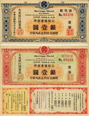 民国拾叁年（1924年）大东银行储蓄部定期储蓄证券第玖期蓝色壹圆、第拾壹期红色壹圆共2枚不同，均发行于上海，八五至九五成新