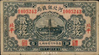 民国二十年（1931年）河北银钱局铜元贰拾枚，北平地名，此年份较少见；森本勇先生藏品，七成新