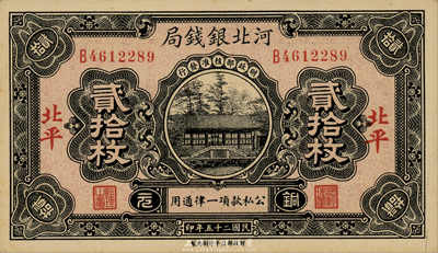 民国二十五年（1936年）河北银钱局铜元贰拾枚，北平地名，森本勇先生藏品，全新