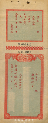 光绪三十年（1904-）大清分银行支票，由济南分行发行，附带有存根；森本勇先生藏品，八成新