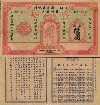 民国九年（1920年）上海中国通商银行特种存券改礼券国币陆圆，上印财神图；香港集趣堂藏品，少见，七五成新