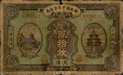 民国十二年（1923年）财政部平市官钱局铜元贰拾枚，天津地名，少见版式，近六成新