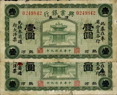 民国九年（1920年）热河兴业银行汇兑券绿色壹圆共2种版式全套，详分：第一版加印“此券在奉省分支各行兑换奉省通行大洋票”黑字；第二版“奉”省改为“热河”、“奉”省通行大洋改为“本”省；森本勇先生藏品，六至七成新