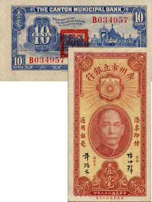 民国二十二年（1933年）广州市立银行壹毫，陈仲璧·许鸿文签名，森本勇先生藏品，全新