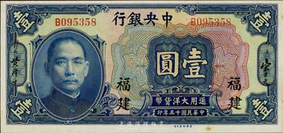 民国十五年（1926年）中央银行大洋壹圆，福建地名，九八成新