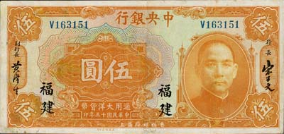 民国十五年（1926年）中央银行大洋伍圆，福建地名，八成新