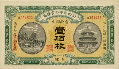 民国四年（1915年）财政部平市官钱局铜元壹佰枚，直隶地名，全新