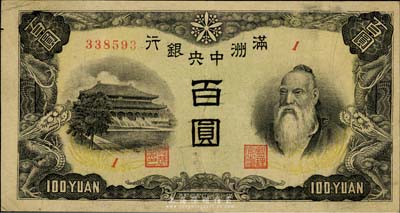 满洲中央银行（1945年）百圆，印有“满洲帝国印刷局制造”版铭（俗称“上下满洲版”），日本回流，少见且已属上佳品相，八成新