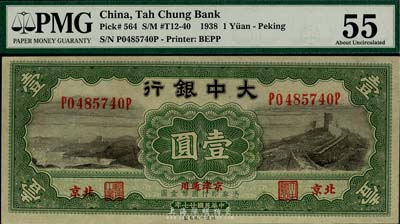 民国廿七年（1938年）大中银行壹圆，北京地名，海外藏家出品，九六成新