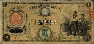 大日本帝国国立银行（1877年）壹圆，背印“东京·第十五国立银行”字样；台湾藏家出品，少见，有修补，七成新