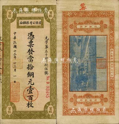 民国十二年（1923年）宏豫公司採鑛厂·当拾铜元壹百枚，背印该公司新乡炼铁厂照片图；南宁刘绍峰先生藏品，少见，八成新