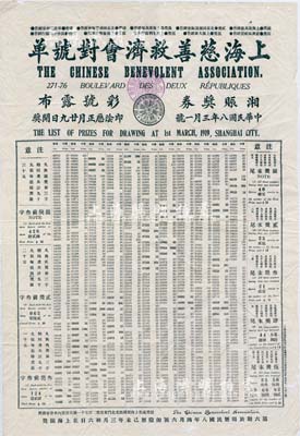 民国八年（1919年）上海慈善救济会对号单1张，其上详列“湘赈奖券”之对奖号码，大型且少见，近八成新