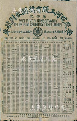 民国九年（1920年）安徽皖河工赈有奖副券对号单（第四次）1张，其上详列各种奖次之对奖号码，此种奖券乃在上海总发行及开奖；大型且少见，有小破损及贴补，七五成新