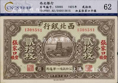 民国十四年（1925年）西北银行铜元贰拾枚，张家口·丰镇地名，未折九五成新