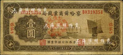 民国廿二年（1933年）察哈尔商业钱局壹圆，张家口地名，正面加盖“涿鹿县·察南银行监理官印”戳记，属日伪政权发行；森本勇先生藏品，少见，七五成新