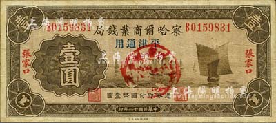 民国廿二年（1933年）察哈尔商业钱局壹圆，张家口·平津通用地名(背面“平津通用”字样为楷体版)，正面加盖“阳原·察南银行监理官印”戳记，属日伪政权发行；森本勇先生藏品，少见，七五成新