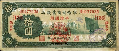 民国廿二年（1933年）察哈尔商业钱局拾圆，张家口·平津通用地名，正面加盖“阳原·察南银行监理官印”戳记，属日伪政权发行；森本勇先生藏品，少见，七五成新