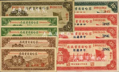 察哈尔商业钱局纸币9枚，详分：1933年张家口地名壹圆、张家口·平津通用伍圆3枚、拾圆，1935年张家口壹角2枚、贰角2枚；台湾明德堂藏品，八至九八成新