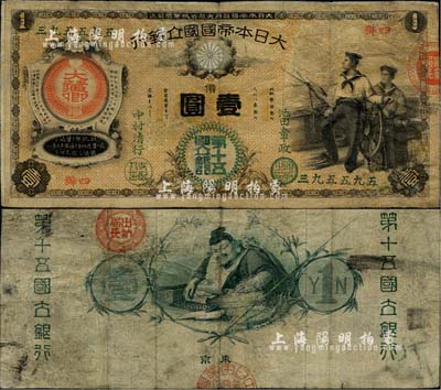 大日本帝国国立银行（1877年）壹圆，背印“东京·第十五国立银行”字样；海外藏家出品，少见，有修补，七成新