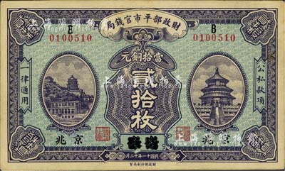 民国十一年（1922年）财政部平市官钱局当拾铜元贰拾枚，江苏改京兆地名，近九成新