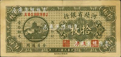 民国廿一年（1932年）河北省银行铜元拾枚，天津地名，九成新