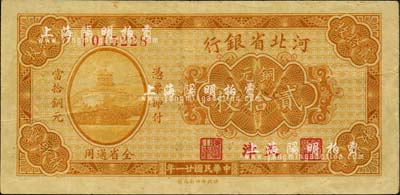 民国廿一年（1932年）河北省银行铜元贰拾枚，天津地名，八成新