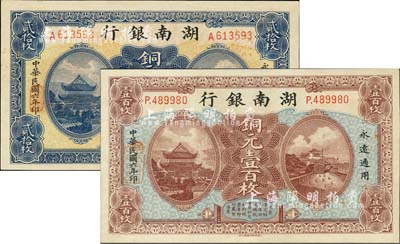 民国六年（1917年）湖南银行铜元贰拾枚、壹百枚共2种不同，九八成新