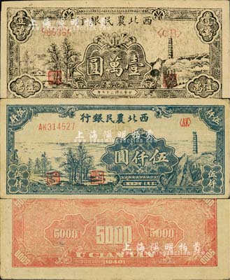 民国三十七年（1948年）西北农民银行宝塔田野图伍仟圆、壹万圆共2枚不同，柏文先生藏品，八至九成新