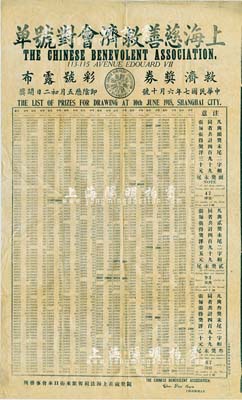 民国七年六月（1918年）上海慈善救济会对号单（救济奖券彩号露布），此乃第一期奖券之对奖单，在上海法租界开奖，其上详列各种奖次之对奖号码；大型且少见，七五成新