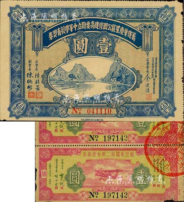 民国廿二年（1933年）广东老彩票3枚，详分：筹建肇庆星岩公园修建高要县立中等学校有奖券壹圆1枚，上有名誉会长余汉谋等签名；航空救国第二期有奖义券壹圆共2枚联体，乃属抗战题材之老彩票；七至八成新，敬请预览