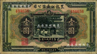 民国十三年（1924年）黑龙江广信公司现大洋券壹圆，无字轨，美国藏家出品，七五成新