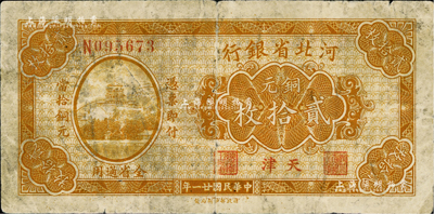 民国廿一年（1932年）河北省银行铜元贰拾枚，天津地名，海外藏家出品，六成新