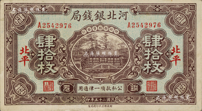 民国二十五年（1936年）河北银钱局铜元肆拾枚，北平地名，九至九五成新