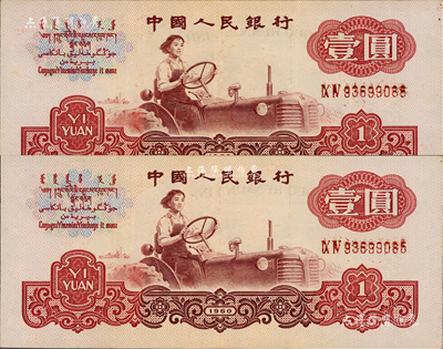 第三版人民币1960年壹圆五星水印共2枚连号，均属错版券·正面号码均已印坏，八五成新