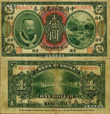 民国元年（1912年）中国银行兑换券黄帝像小洋壹圆，左右各印“东三省通用·每圆付拾角”地名，萨福懋·范磊签名；江南藏家出品，七五成新