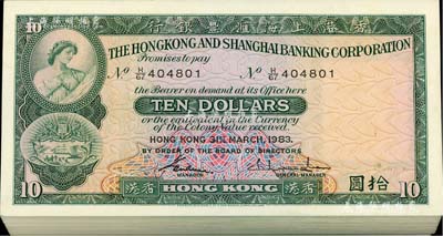 1983年香港上海汇丰银行拾圆原封共100枚连号，香港地名，海外回流品，九八成新