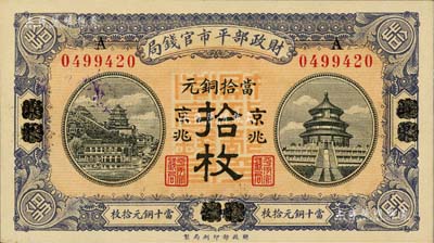 民国八年（1919年）财政部平市官钱局当拾铜元拾枚，山东烟台改京兆地名；海外藏家出品，九八成新