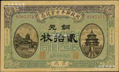 民国八年一月（1919年）财政部平市官钱局铜元贰拾枚，京兆地名；森本勇先生藏品，八五成新