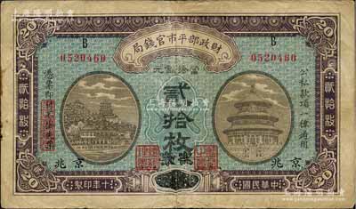 民国十年（1921年）财政部平市官钱局当拾铜元贰拾枚，直隶·保定改京兆地名；森本勇先生藏品，七五成新