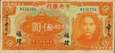 民国十五年（1926年）中央银行大洋伍圆，福建地名，八成新