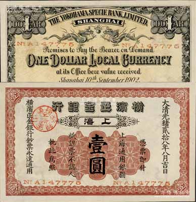 光绪贰拾八年（1902年）横滨正金银行·上海通用银圆壹圆，上海地名，罕见，九成新