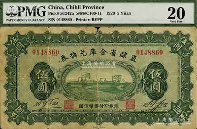 民国十七年（1928年）直隶省金库兑换券伍圆，上印天津金刚桥，背印发行条例及盖“直隶财政厅印”；海外藏家出品，七成新