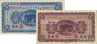 民国十二年（1923年）财政部平市官钱局壹角、贰角共2枚不同，北京地名；白尔文先生藏品，全新