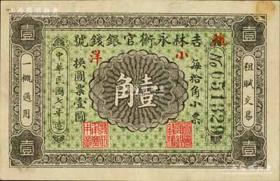 民国七年（1918年）吉林永衡官银钱号小洋壹角，无印刷厂名版；白尔文先生藏品，八成新