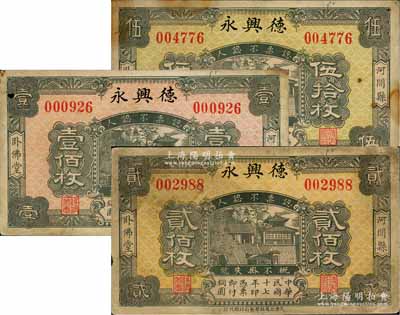 民国十七年（1928年）德兴永铜圆伍拾枚、壹佰枚、贰佰枚共3种全套，河间县卧佛堂民间钞票，均上印济南大明湖北极庙图；白尔文先生藏品，七至七五成新