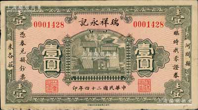 民国二十四年（1935年）瑞祥永记壹圆，河间县民间钞票，上印大明湖北极庙；白尔文先生藏品，七五成新